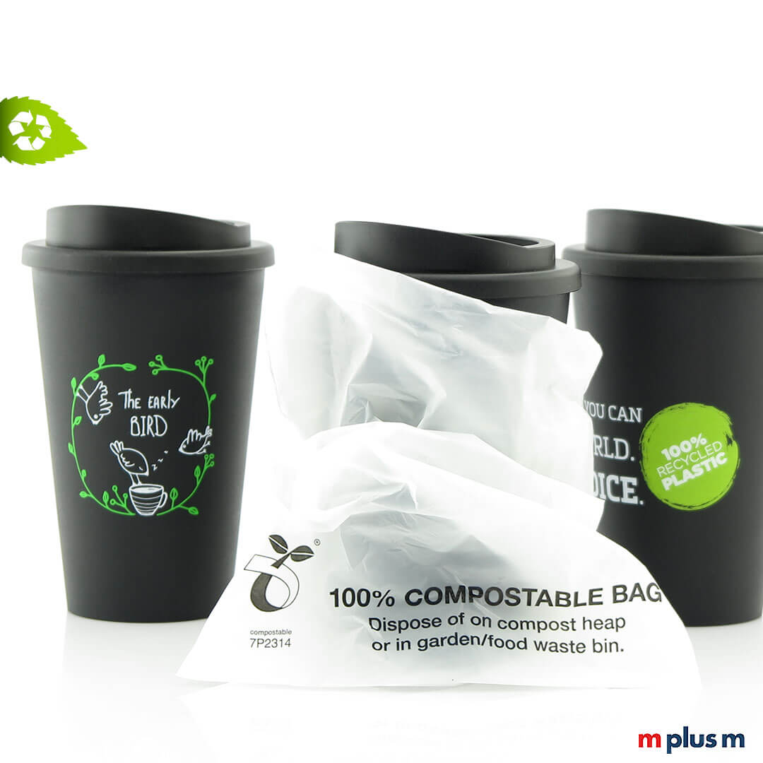 Nachhaltiger-Thermobecher-Verpackung-GCS Der nachhaltigerThermobecher Green Coffee Shop wird einzelverpackt im kompostierbaren Beutel geliefert
