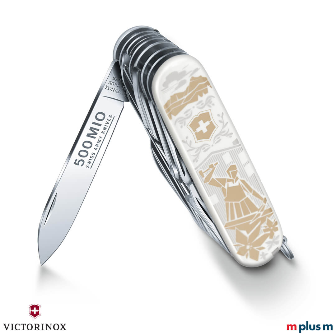 Swiss Champ Taschenmesser mit weißen Schalen und Digitaldruck und Klingen Ätzung Swiss Champ Taschenmesser mit weißen Schalen und Digitaldruck und Klingen Ätzung