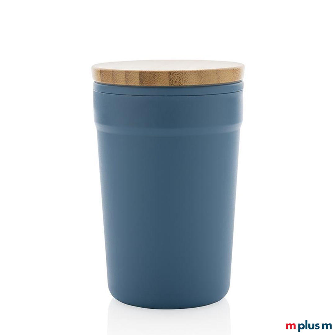 Blauer Mug aus nachhaltigen recycling Material zum verschenken bedruckt mit Logo Motiv als Werbemittel