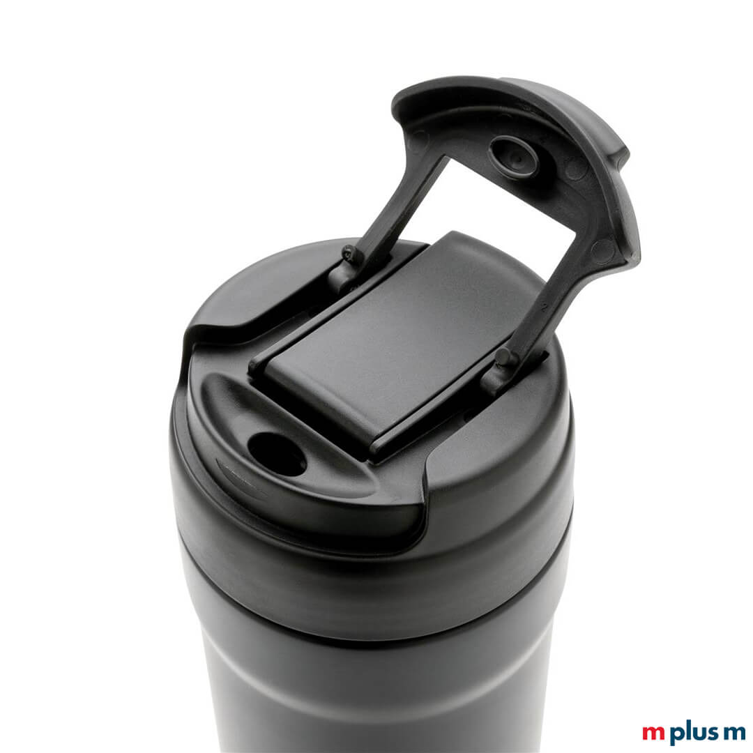 Wiederverschließbare Trinköffnung beim Dual Cup Trinköffnung beim Dual Cup Thermobecher aus Recycling Stahl