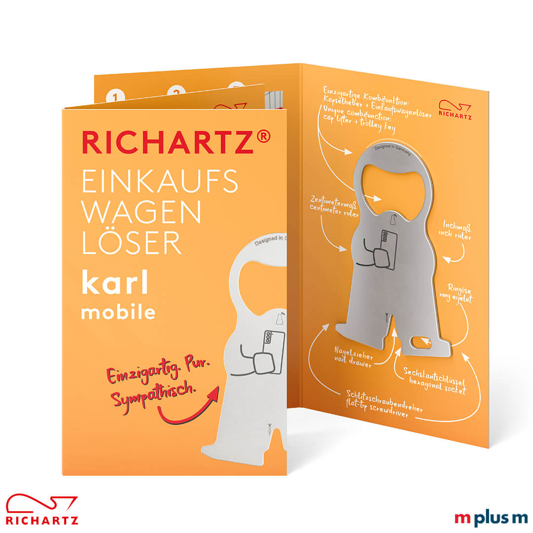 Richartz Multi Tool Karl Mobile mit vielen Dunktionen für unterwegs als umweltfreundlicher Werbeartikel Der Einkaufswagenlöser karl mobile mit der Klappkarte als schönes Giveaway. Ab 250 STück kann die Einzelverpackung auch individuell gestaltet werden.