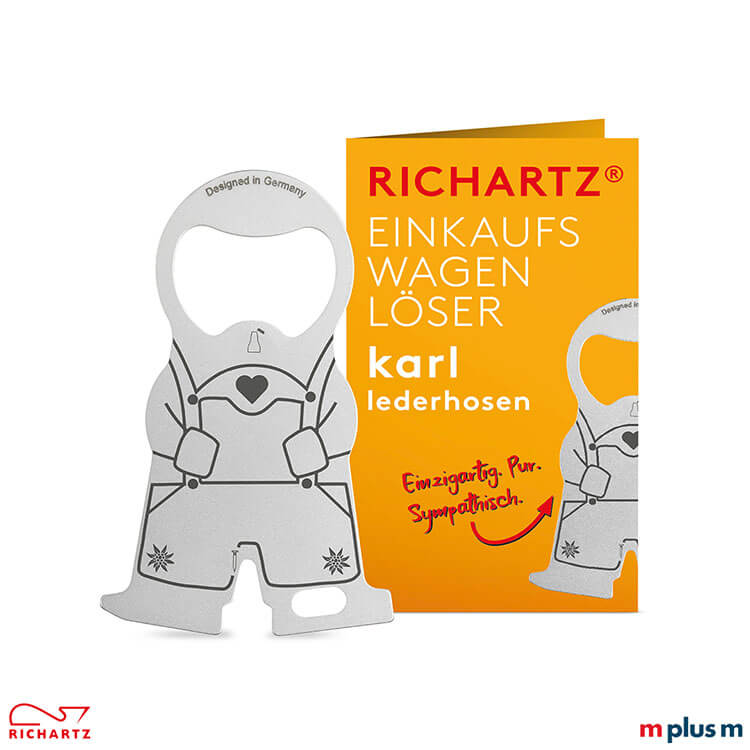 EInkaufswagenlöser karl mit Einzelverpackung Klappkarte Einkaufswagenlöser karl lederhosen mit Standard-Klappkarte als Werbeartikel