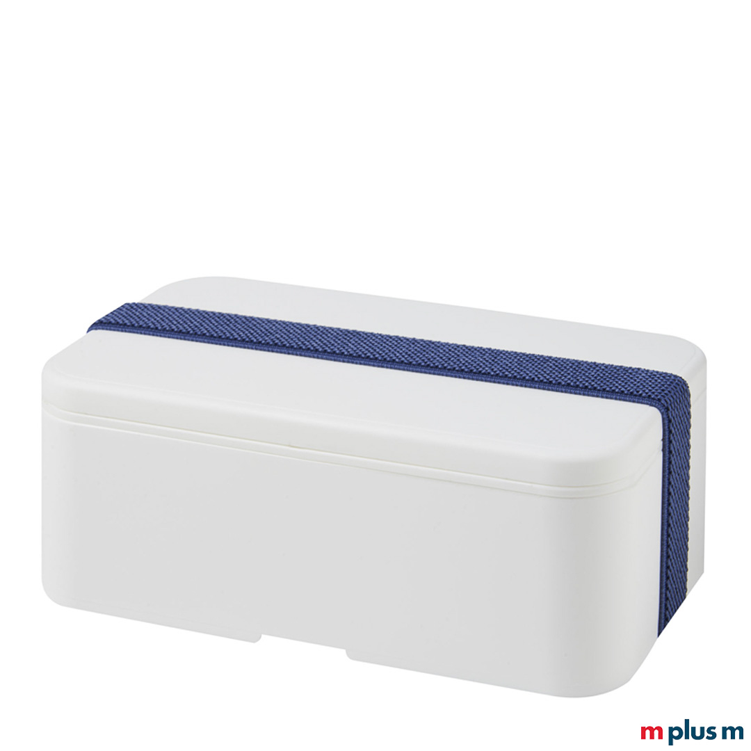 Die nachhaltige Brotdose 'Miyo' in der Farbkombination: Box Weiß und Recycling-Band Blau als Werbeartikel bedrucken