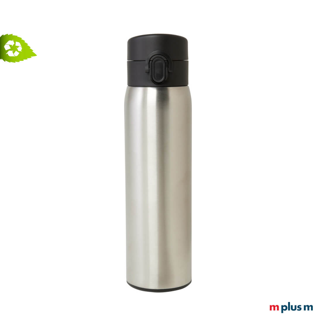 Silberne Thermosflasche aus recyceltem Edelstahl Silberner Thermobecher aus Recycling Edelstahl. Ab 50 Stück mit Logo Gravur als Werbeartikel.