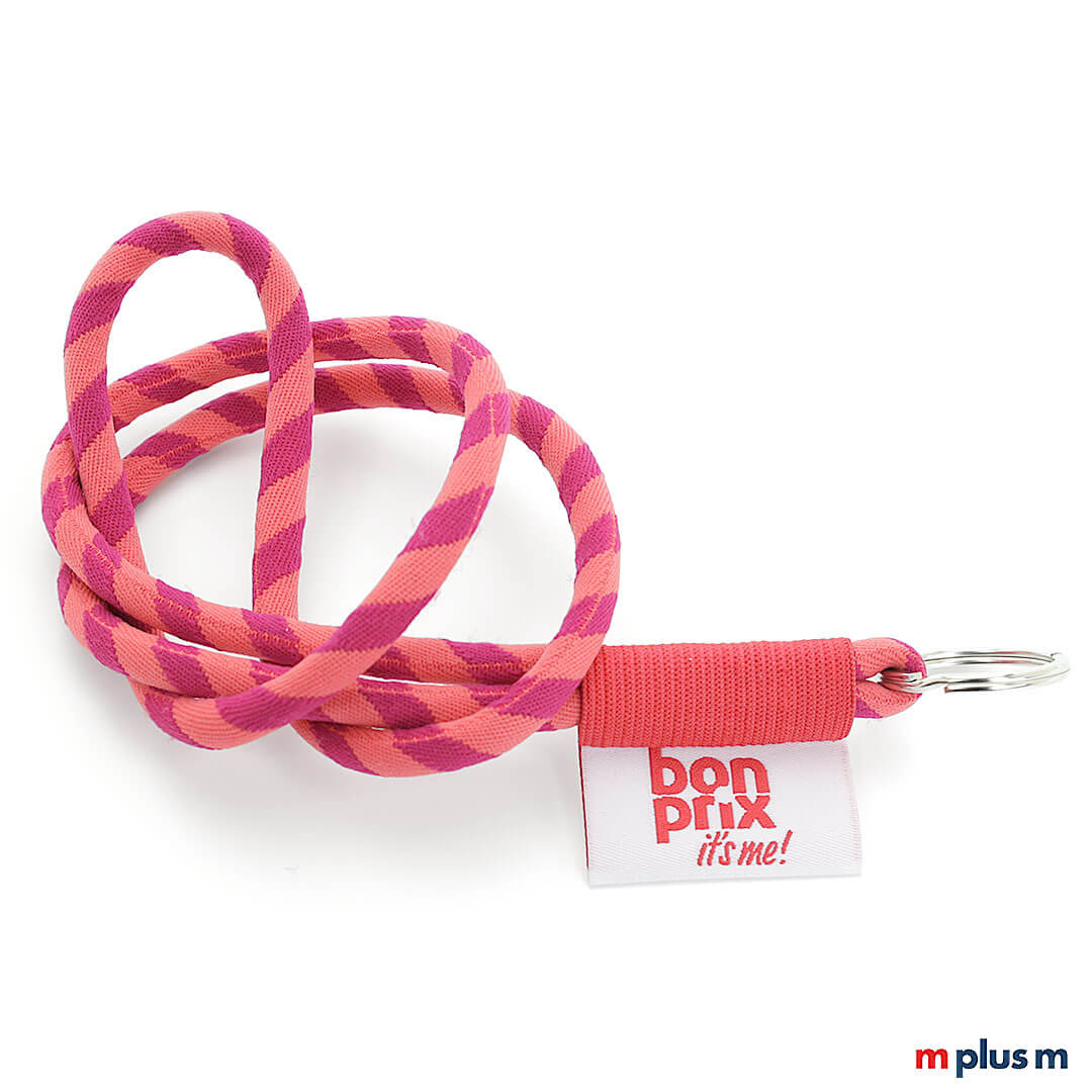 Individualisierung: Tube Flag Lanyard mit zweifarbig in Pantone Wunschfarbe, gewebtem Logo und Schlüsselring Tube Flag Kordel Schlüsselband. Zweifarbig nach Pantone mit Logo auf gewebten Etikett