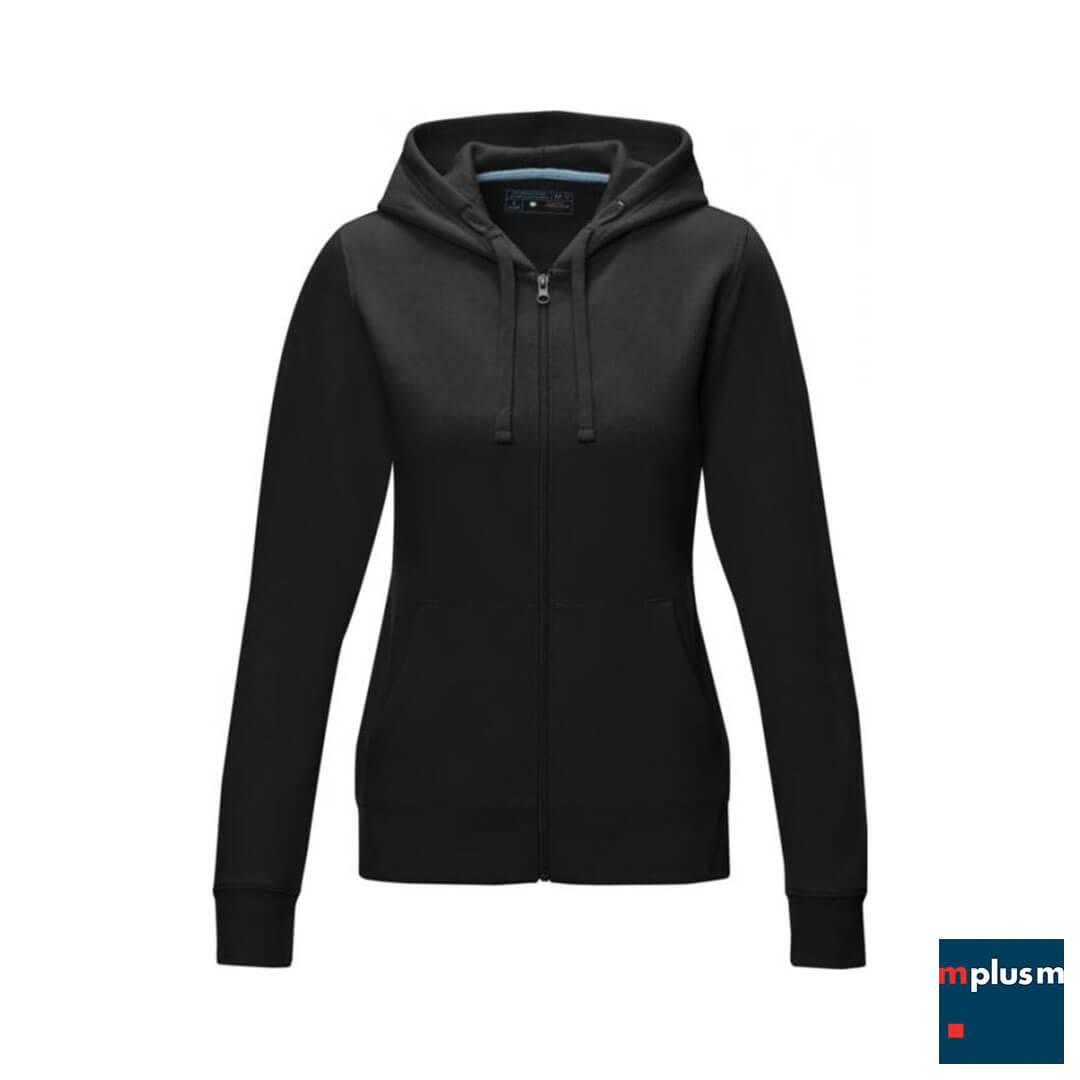 Schwarzer-Ziphoodie-Ruby-fur-Damen-mit-Logo-bedrucken-als-Werbeartikel-RE Schwarzer Pullover mit Kapuze als Employer Branding