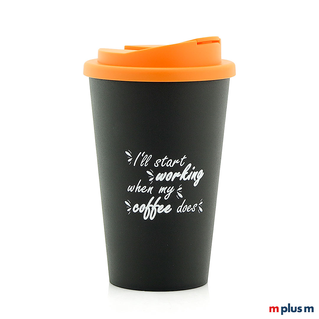 Schwarzer Recycling Kaffeebecher aus Europa. Nachhaltiger Werbeartikel mit spülmaschinenfestem Logo Druck 