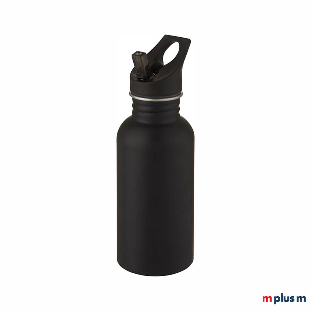 Schwarze-Thermosflasche-aus-Edelstahl-mit-Sportverschluss-als-hochwertiges-Werbegeschenk-RE Die Trinkflasche 'Lexi' aus hochwertigem Edelstahl hat einen Tragegriff und ist somit einfach zu transportieren. Ab 50 Stück können Sie die kleine Thermosflasche bedrucken lassen