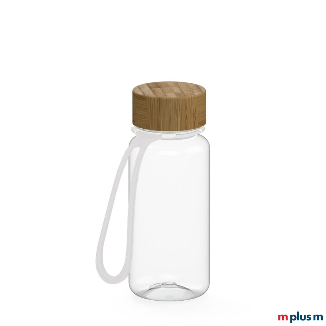 Kunststoffflasche mit weißer Schlaufe für unterwegs, Büro, Schule, Sport. Robust und hochwertiges Material bedrucken mit Logo als Werbeartikel