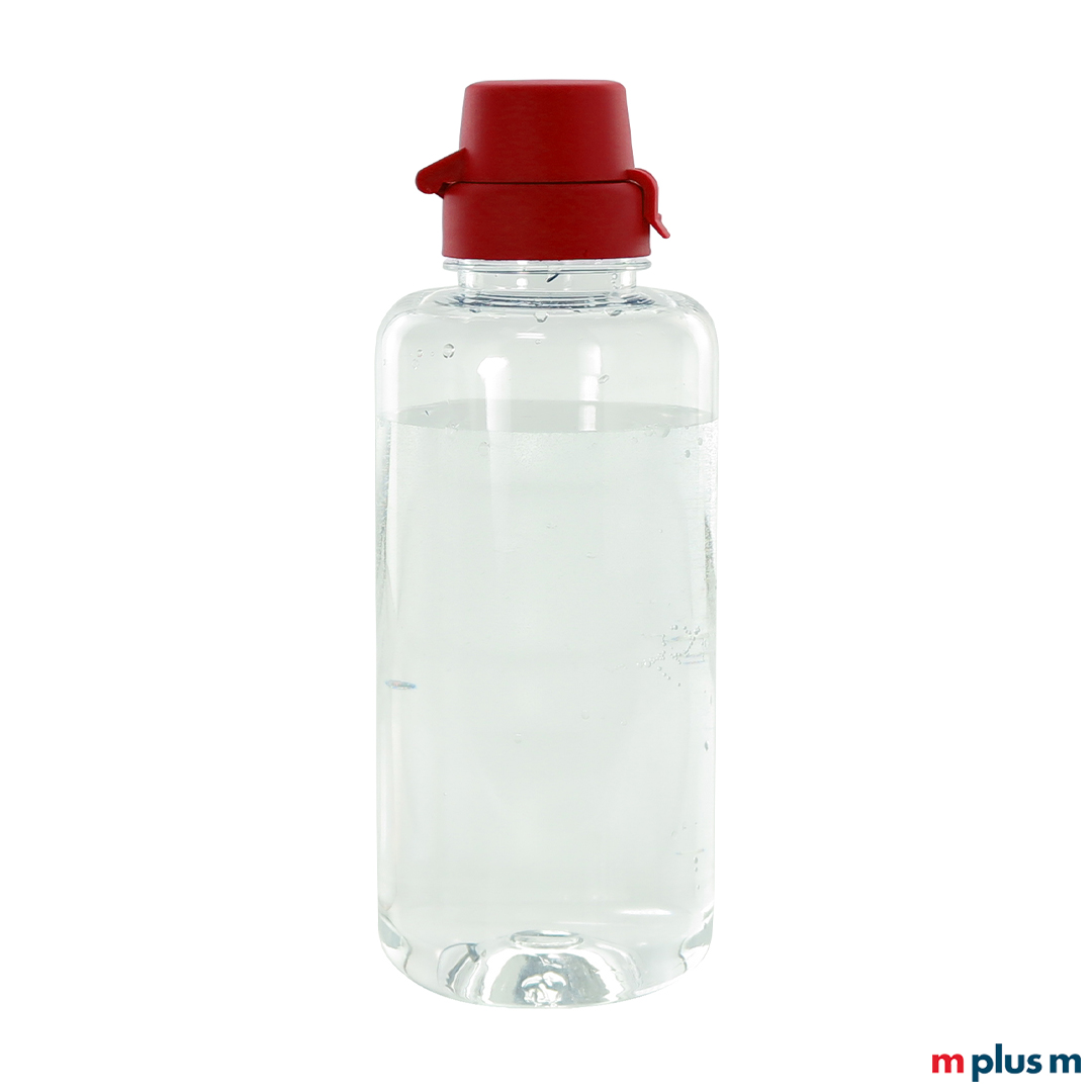 Transparente Trinkflasche mit rotem Deckel bedrucken