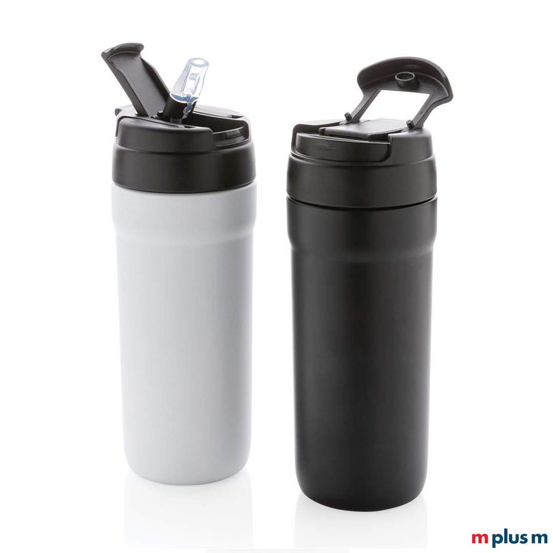 Dual Cup Thermobecher mit zwei praktischen Trinkmöglichkeiten als Werbeartikel