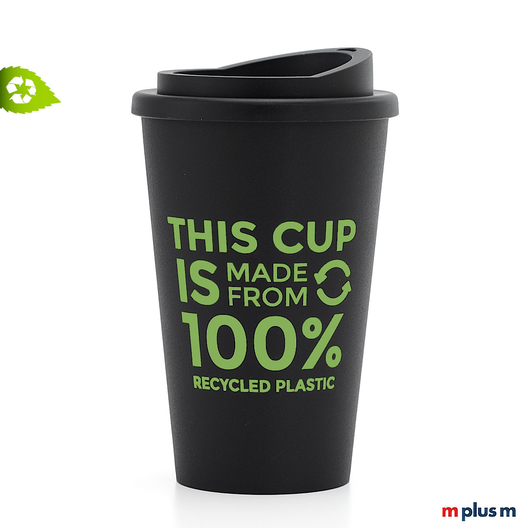 Nachhaltiger Thermobecher aus 100% Recycling Material. Hergestellt in Europa. Als Werbeartikel mit 1c Druck