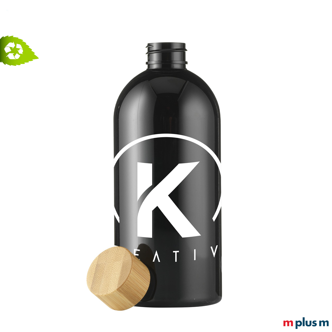 Schwarze Trinkflasche 0,5 L mit Bambus Drehverschluss mit Logo Druck als nachhaltiger Werbeartikel