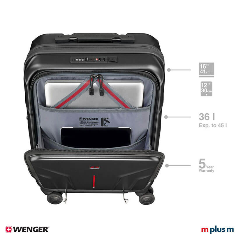 Wenger Amplix Carry-On schwarz mit Laptop- und Tabletfach, funktionaler Handgepäck Trolley für Geschäftsreisen, modern mit Logo Druck personalisieren