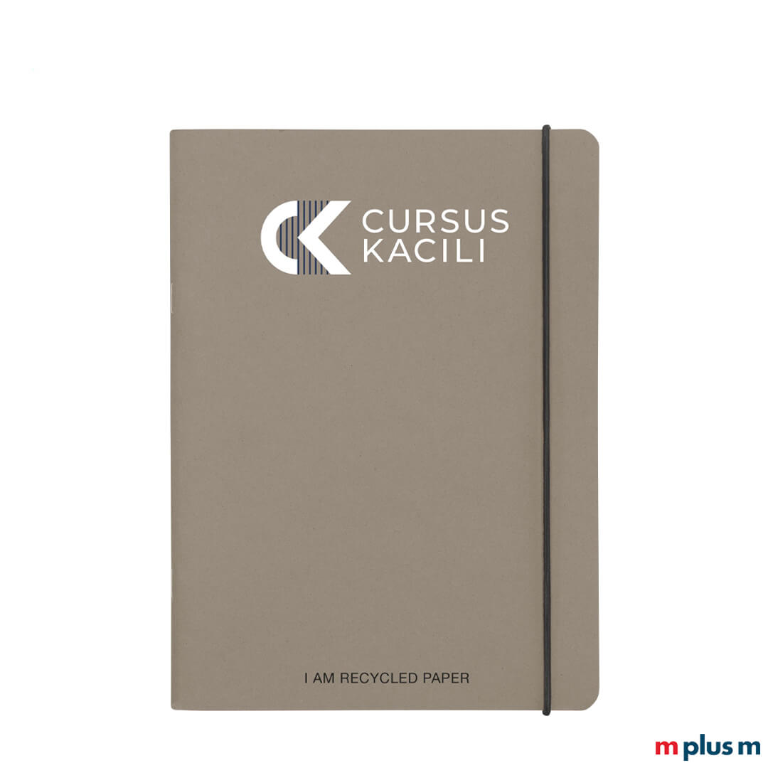 Notizheft-bedrucken-mit-Logo-als-Werbegeschenk Recycled Notizbuch mit Logo bedruckt als nachhaltiges Werbegeschenk mit Gummiband