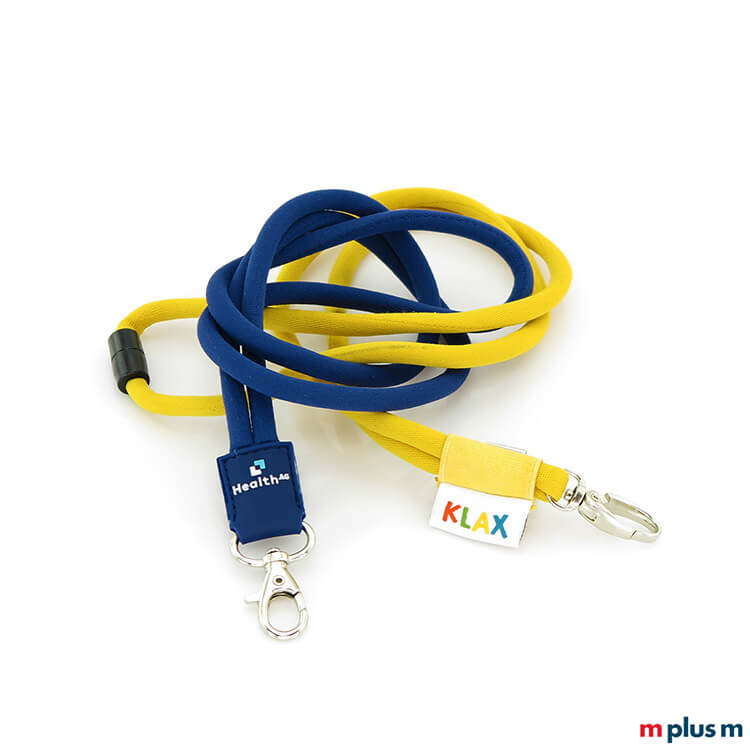 Tube Flag Kordel Lanyard Blau Gelb KLX Beispiel für Tube Kordel Lanyards mit FLAG Logo Fahne oder Rubber Logo Badge