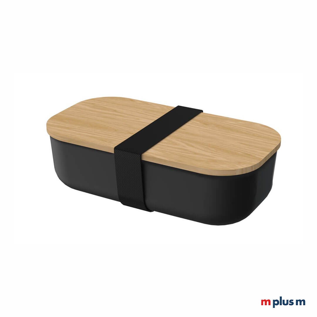 Schwarze-Brotdose-als-nachhaltiger-Werbeartikel-fur-Take-Away-geeignet-RE Schwarze Lunchbox mit Buchenholzdeckel mit eigenem Logo bedrucken. Perfekt als Take Away Werbeartikel.