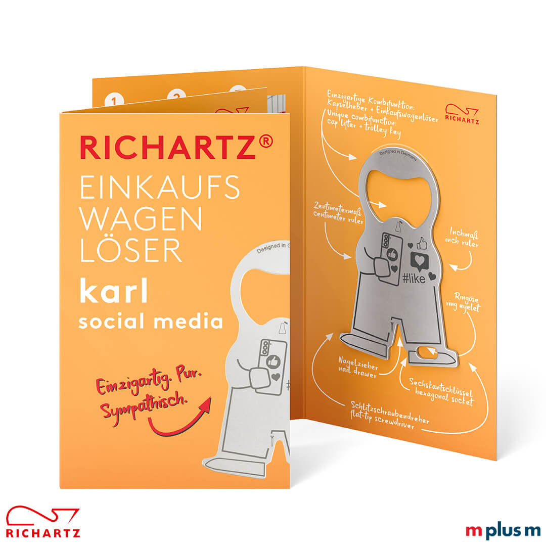 Richartz Schlüssel Anhänger Karl mit vielen verschiedenen Funktionen für unterwegs Die Klappkarte mit den Standardmotiv für Einkaufswagenlöser karl socialmedia als günstiger personalisierter Werbeartikel