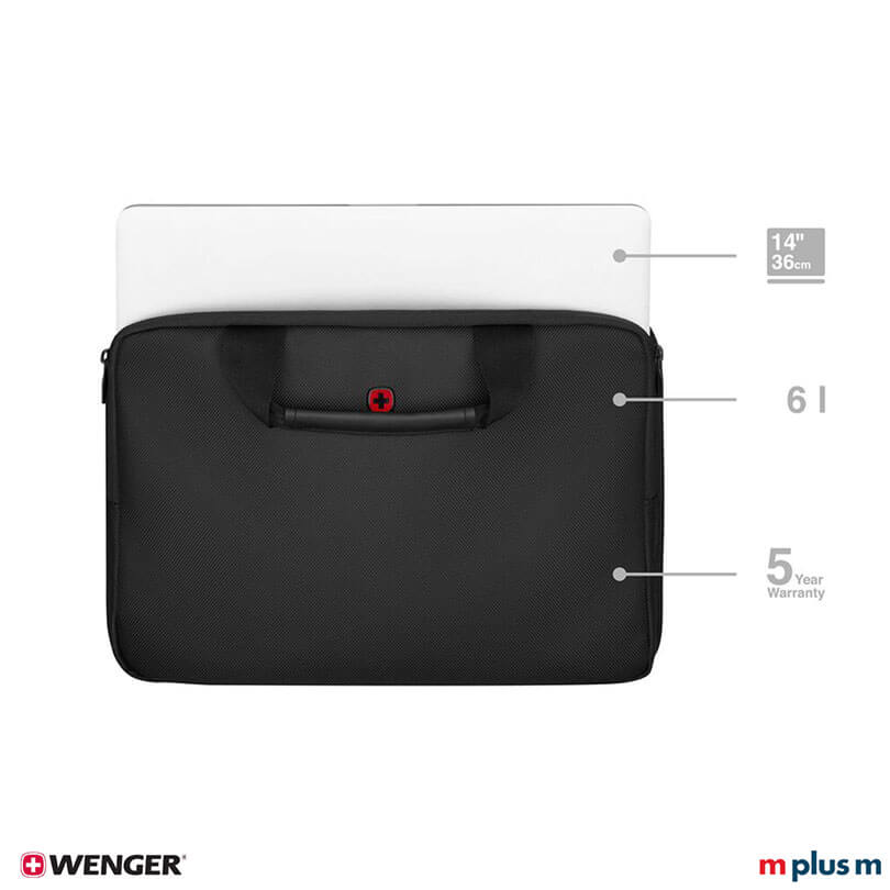 Schwarze Wenger Guyde 14 Laptop Tasche aus recycelten PET-Flaschen gefertigt, nachhaltige Notebooktasche funktional mit Logo bedrucken Schwarze Wenger Guyde 14 Laptop Tasche aus recycelten PET-Flaschen gefertigt, nachhaltige Notebooktasche funktional mit Logo bedrucken