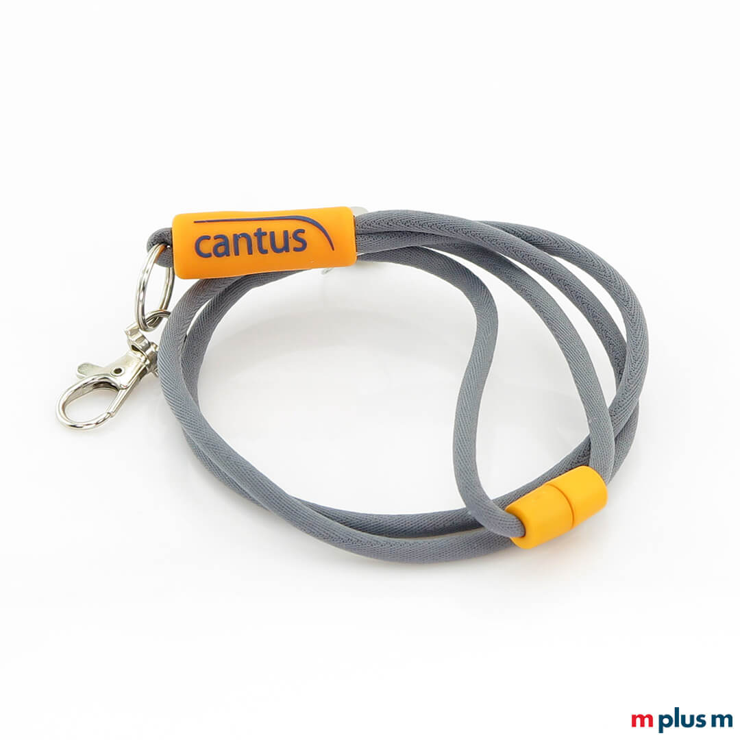 Tube Bullet Lanyard grau Orange Giveaway Tube Bullet Kordel Schlüsselband in Frau mit Logo auf Gummi-Hülse in Orange als Werbeartikel