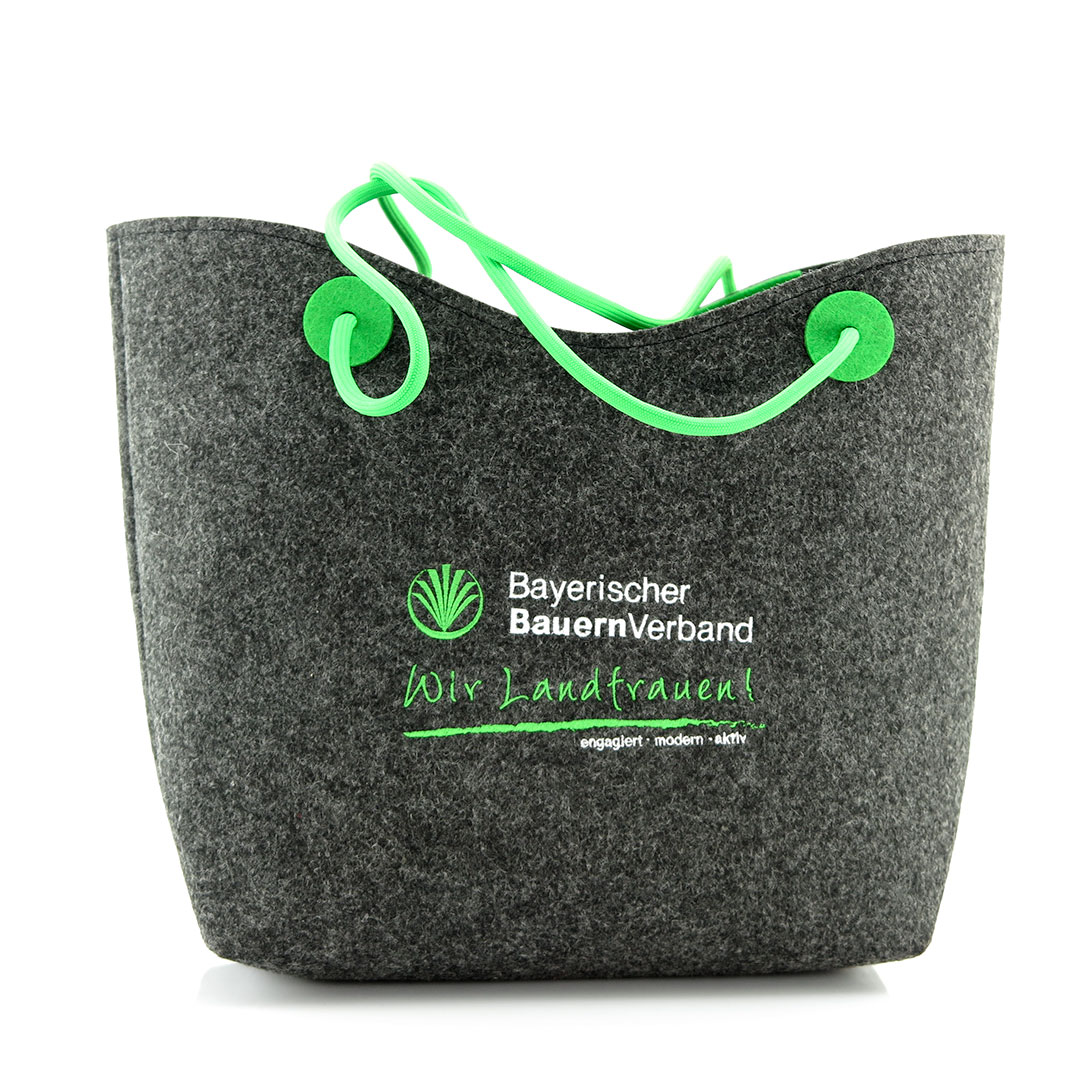 Nachhaltige Filz Shopper Tasche aus Recycling Material und mit Logo Stick
