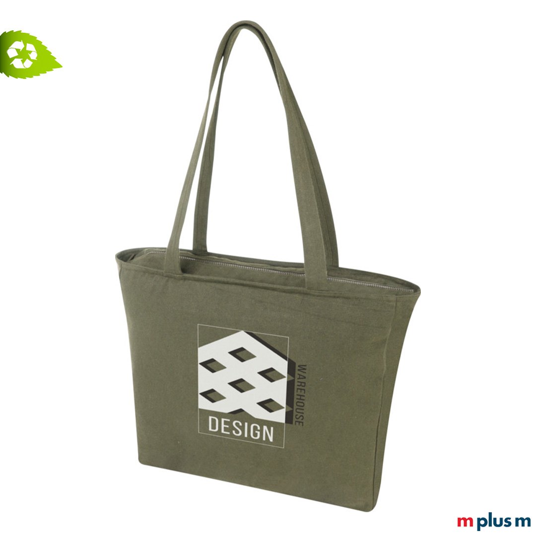 Logo Druck auf großer nachhaltiger Recycling Stofftasche Frida in Oliv Grün