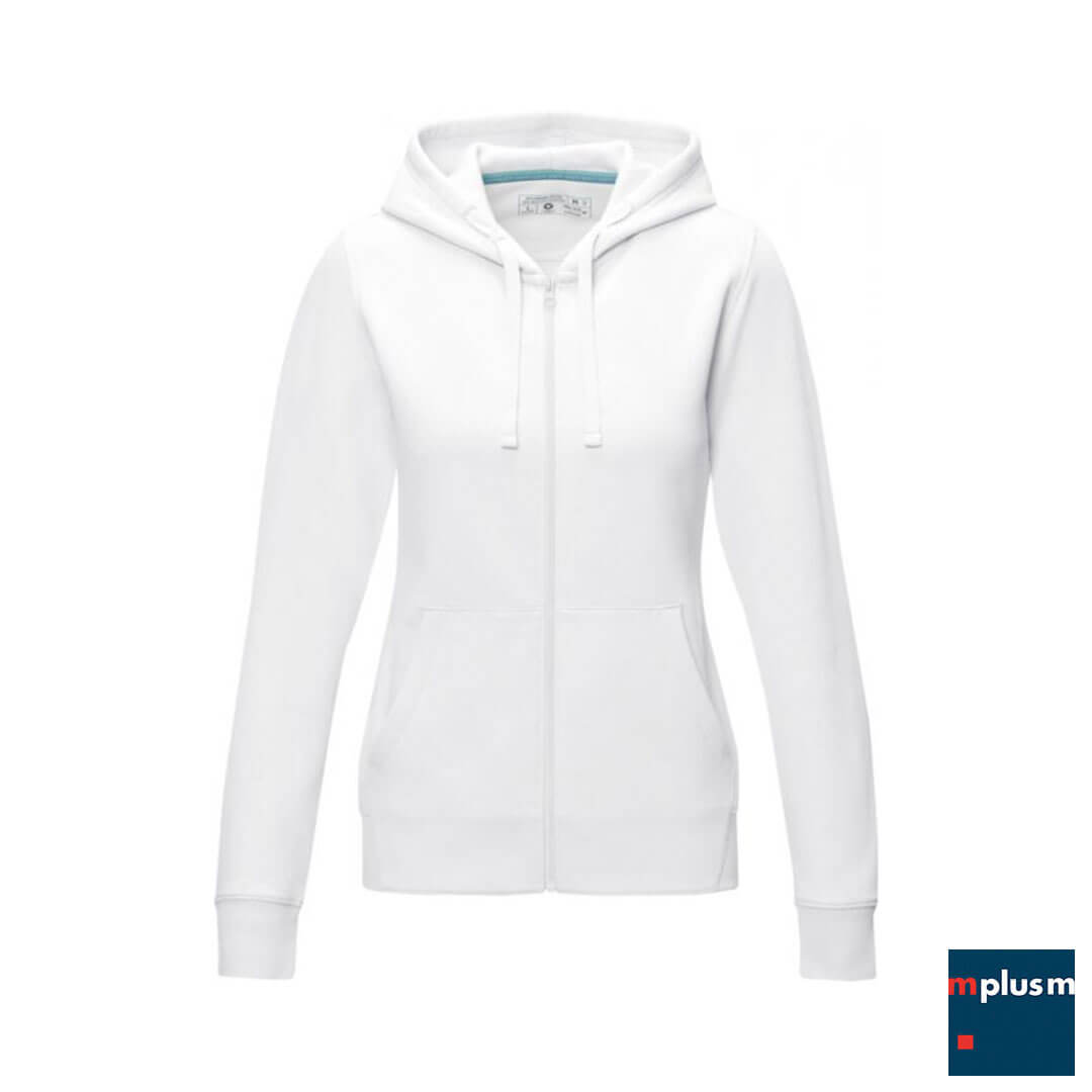 Weisser-Pullover-mit-Reissverschluss-und-Kapuze-fur-Damen-als-nachhaltiges-Werbegeschenk-RE Weiße Sweatjacke mit Kapuze