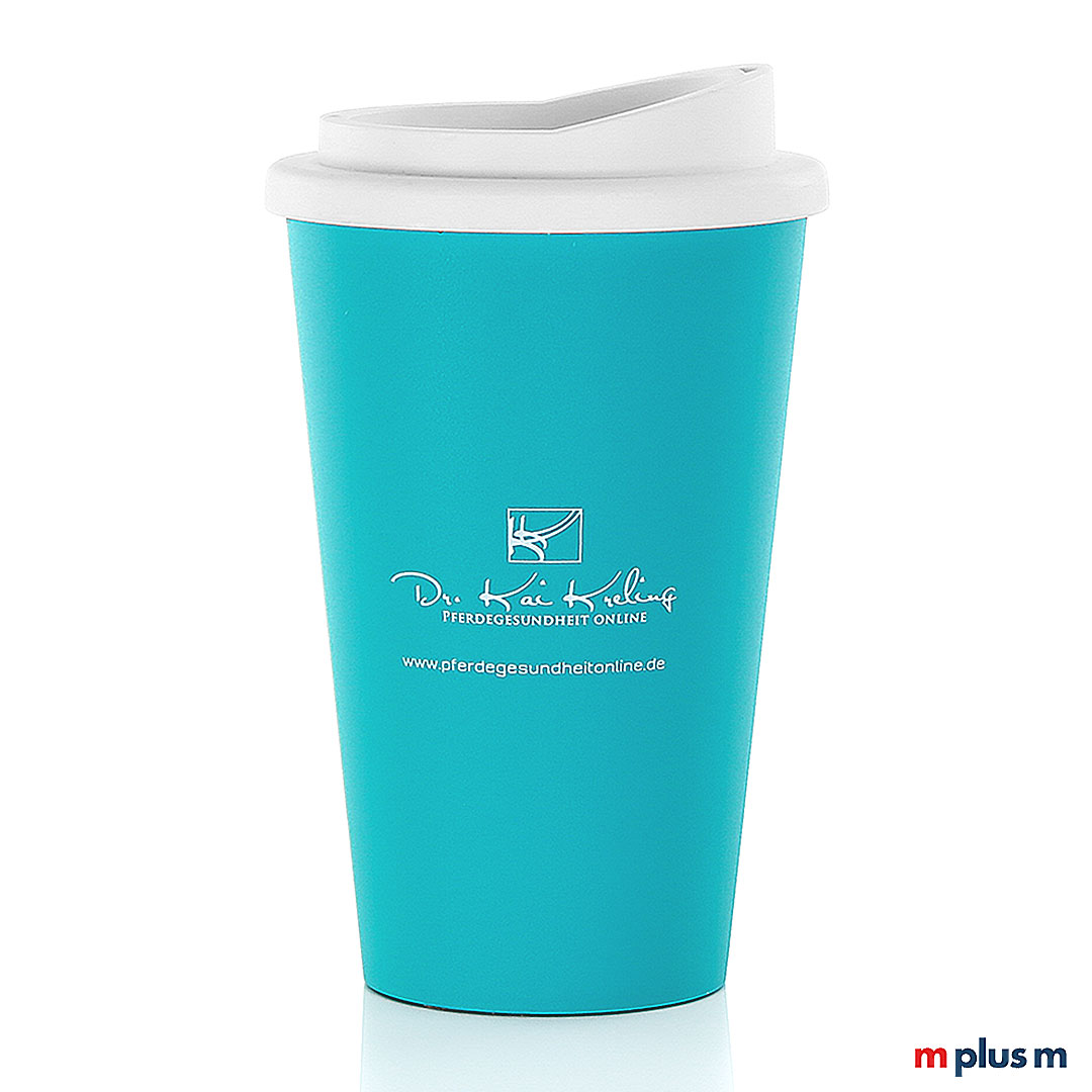 Türkisblauer Coffee To Go Thermoecher. 100% Recyclebar. Aus Europa. Nachhaltiger Werbeartikel mit Logo Druck.