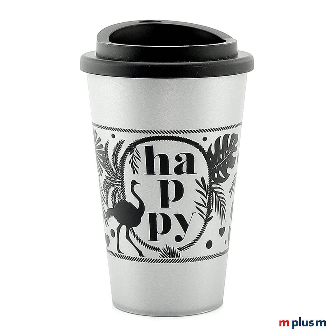 Mehrweg-Kaffee-Becher-mit-Logo-bedrucken Hochwertiger Coffee To Go Thermobecher in SIlber. Mehrweg, 100% recyclebar, aus Europa und mit dichtsitzendem Schraubdeckel
