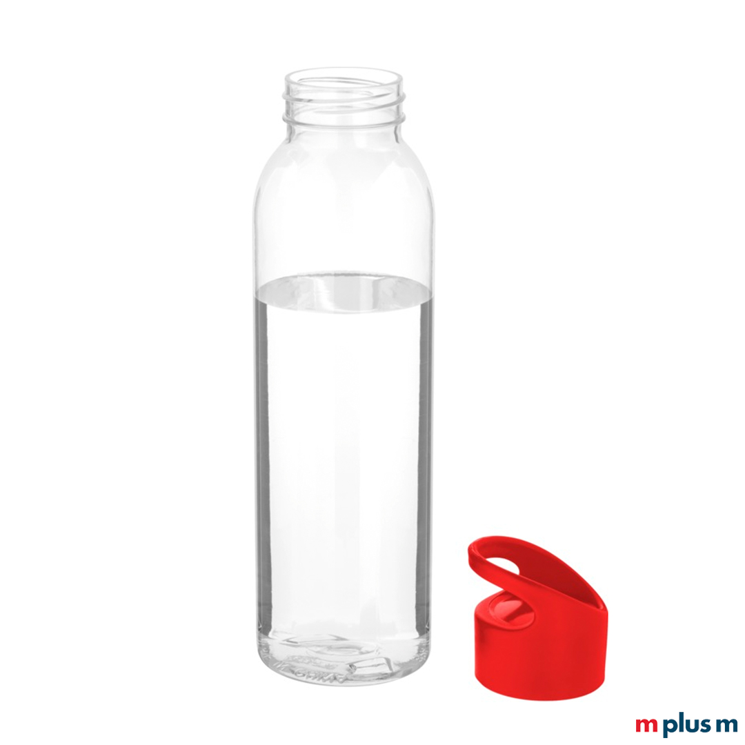 Transparente Sportflasche mit rotem Deckel als Werbegeschenk bedrucken