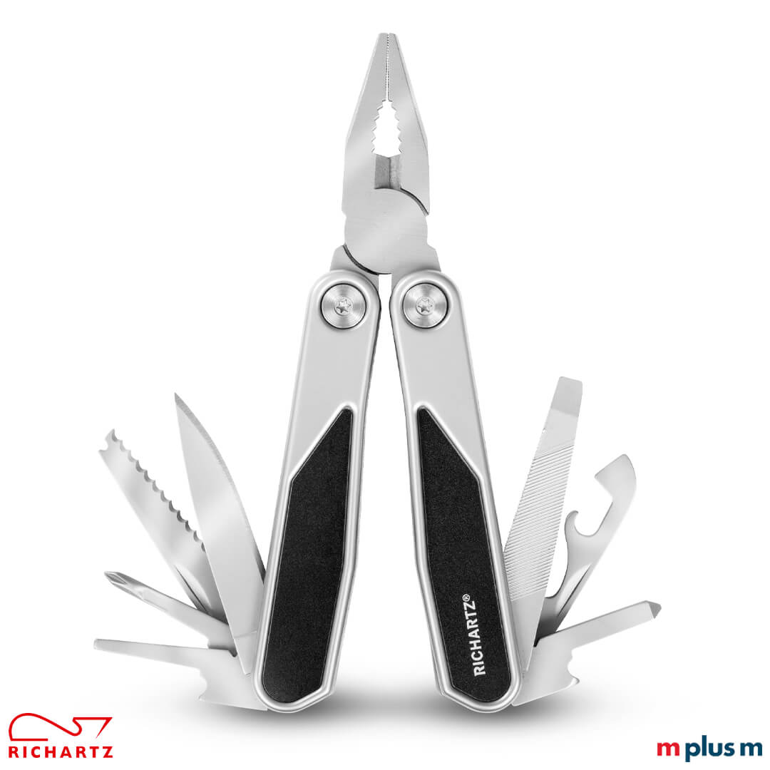 Richartz ProTool 20+ Multitool ausgeklappt mit verschiedenen Gadgets im Alltag, auf Reisen und unterwegs Richartz ProTool 20+ Multitool ausgeklappt mit verschiedenen Gadgets im Alltag, auf Reisen und unterwegs