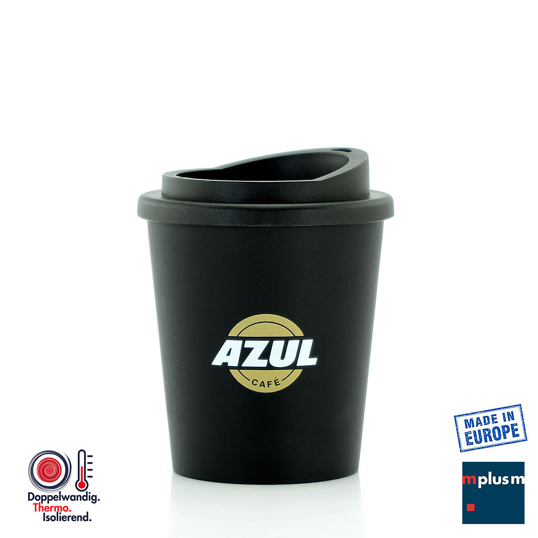 Schwarzer Coffee To Go Thermobecher mit Azul Cafe Logo bedruckt