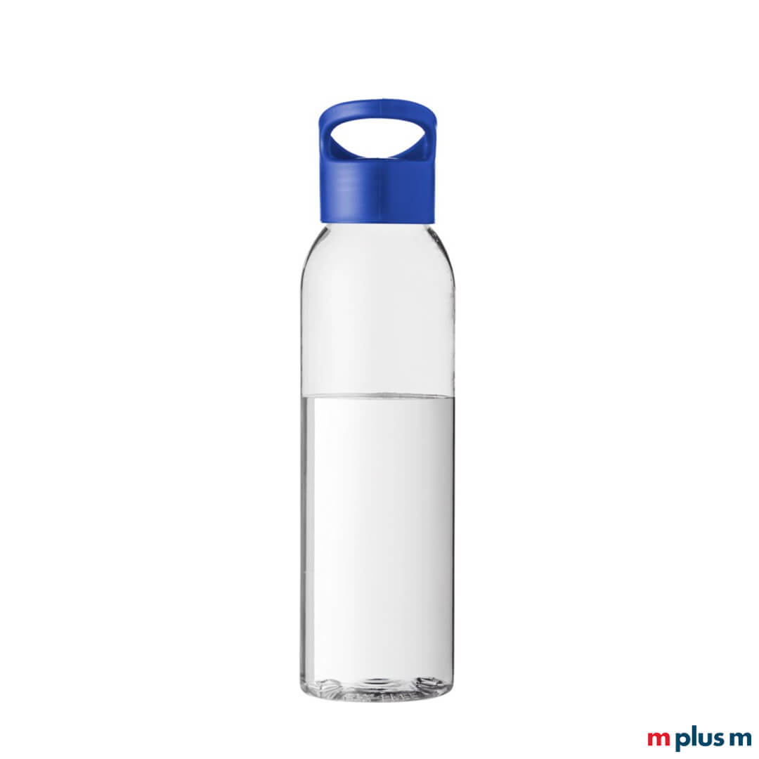 Transparente Flasche mit blauem Deckel als Werbegeschenk bedrucken