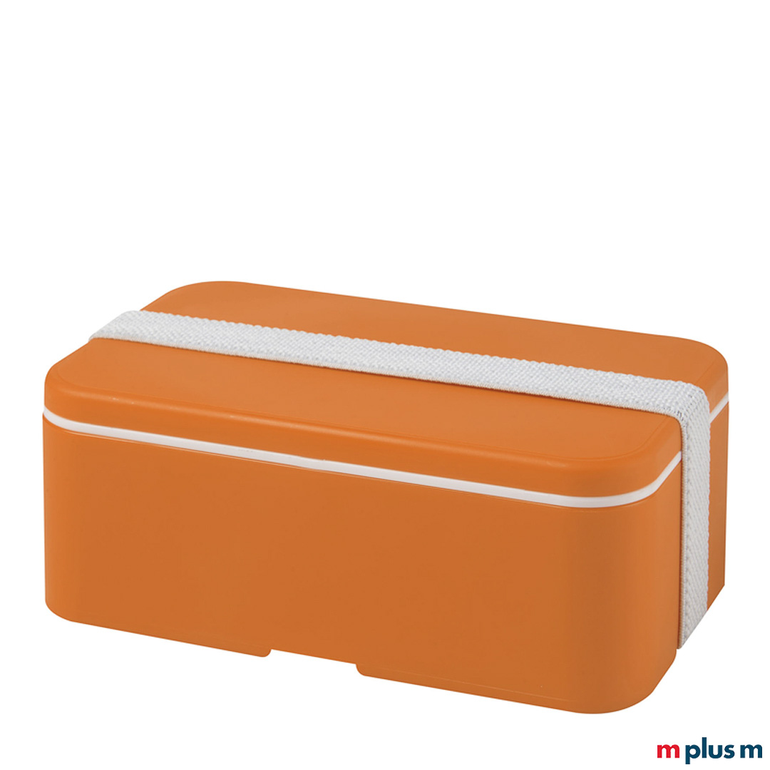 Die nachhaltige Lunchbox 'Miyo' in der Farbkombination: Box Orange und Recycling-Band Weiß als Werbeartikel bedrucken