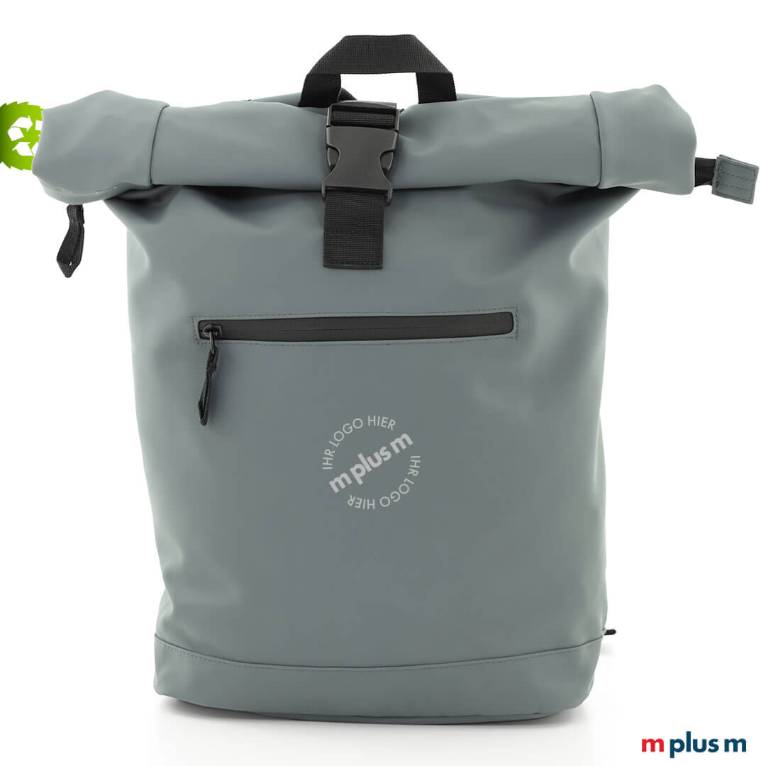 AquaPack Laptop Rucksack und Blau Grau Schöner günstiger Laptop Rucksack aus wasserfestem Recycling Material in blaugrau mit Logo Druck