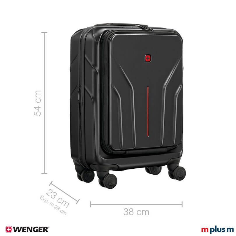 Schwarzer Wenger Amplix Carry-On mit Organizerfach und Kompressionsriemen für geordnetes Packen, funktionaler Trolley mit Logo bedrucken