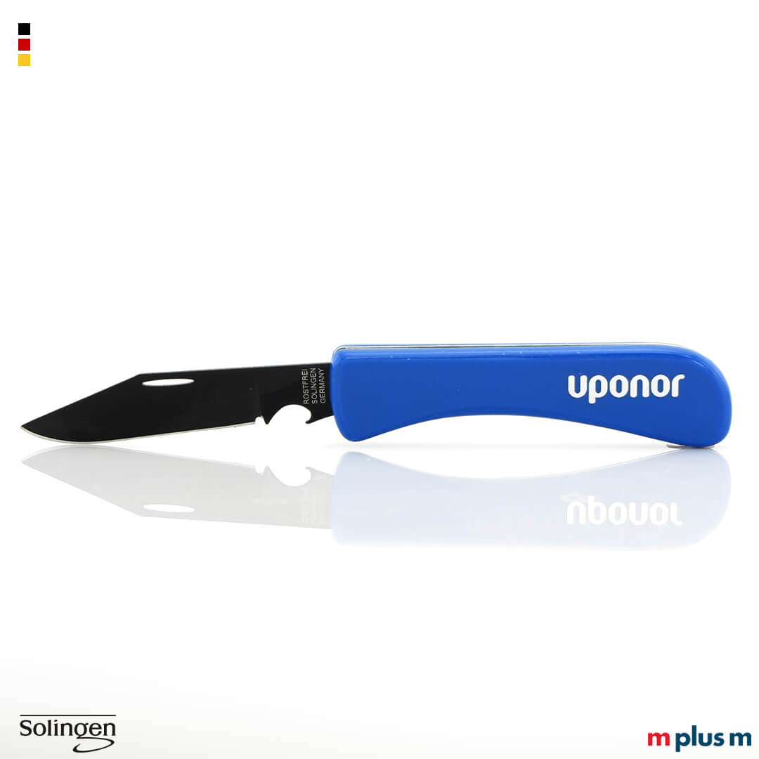 Solinger Taschenmesser in blau als Werbeartikel Das Original Solinger Taschenmesser in Farbe blau mit schwarzer Teflon-Beschichtung und Logo Druck