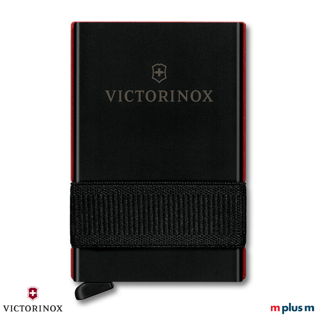 Schwarzes Victorinox Smart Card Wallet mit langlebigem Aluminium-Gehäuse und elastischem Kartenband