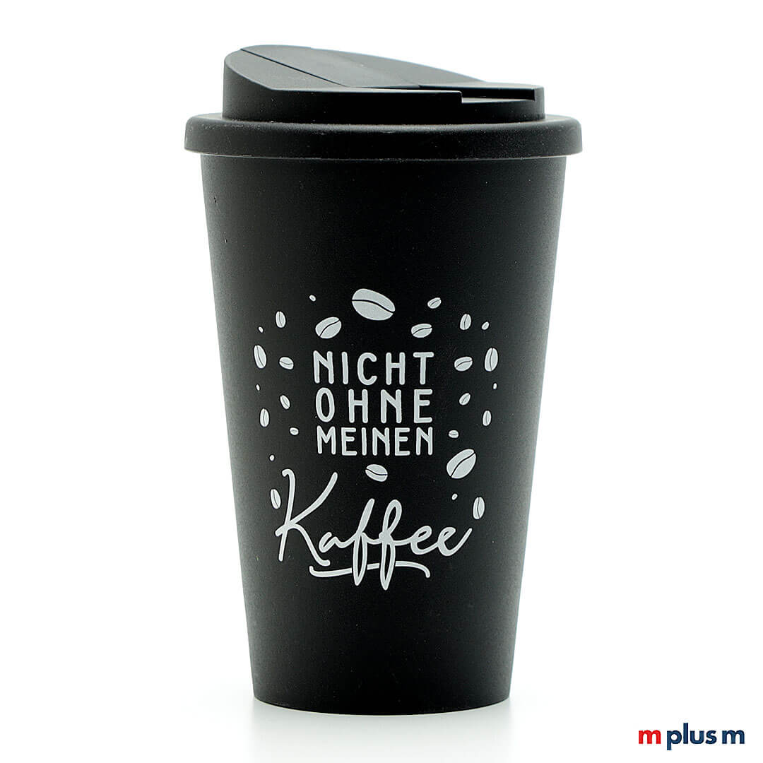 Coffee-To-Go-Thermobecher-CS-SW-bedrucken-CD-KAF Schwarzer Classic Coffeshop Thermobecher mit Clipdeckel. Spülmaschinenfest rundum zu bedrucken. 100% Recycling-fähig und aus Europa.