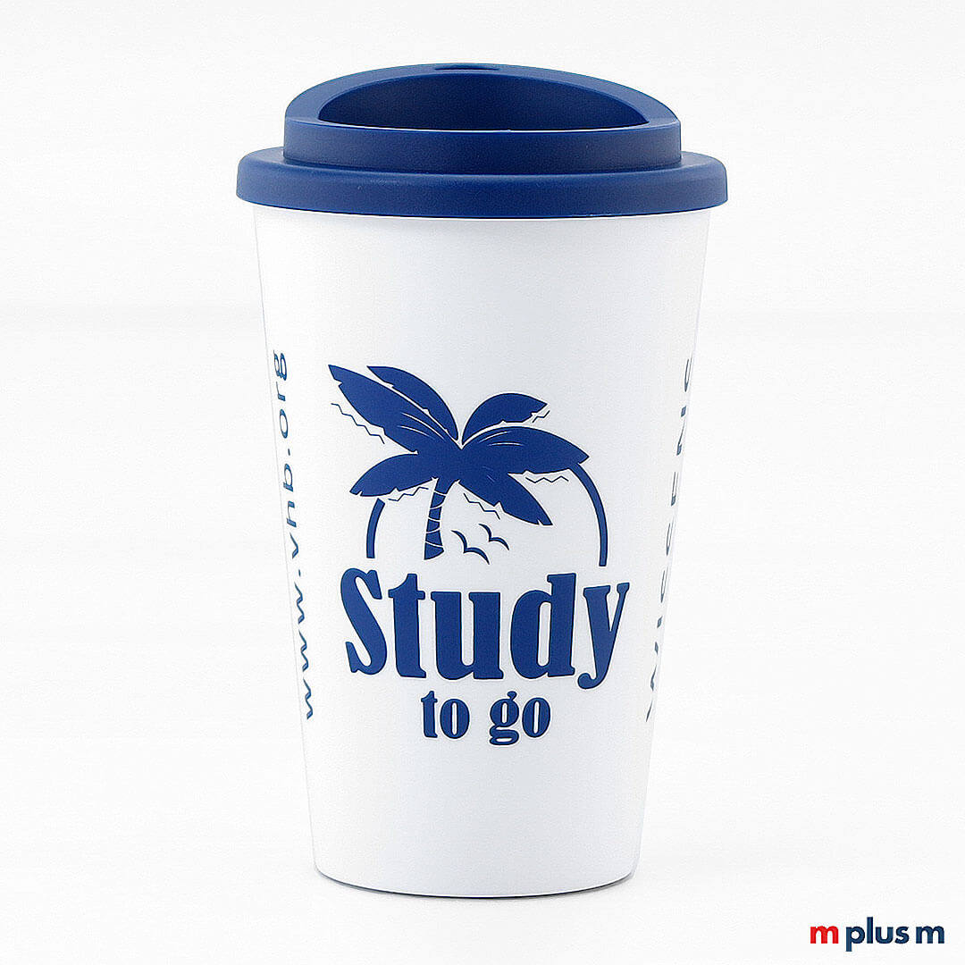 Nachhaltiger-Uni-Coffee-To-Go-Becher-bedrucken-CS-Study Nachhaltiger Studenten Kaffeebecher: Coffee Shop Thermobecher mit 1-farbigem Motiv spülmaschinenfest zu bedrucken.
