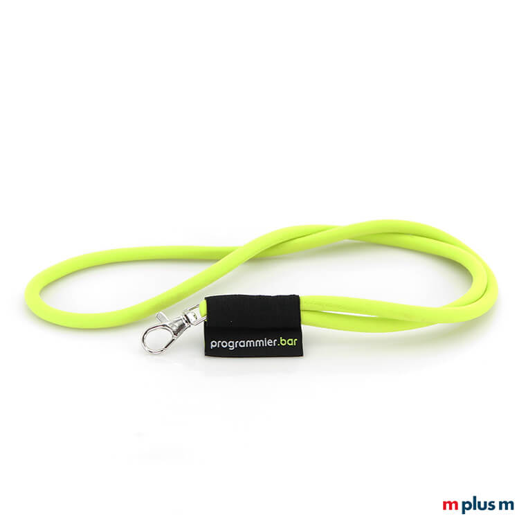 Tube Flag Kordel Lanyard PRG Gelb Tube Flag Schlüsselband in gelber Wunschfarbe nach Pantone, mit eingebtem Logo auf textiletikett und Standard Karabiner