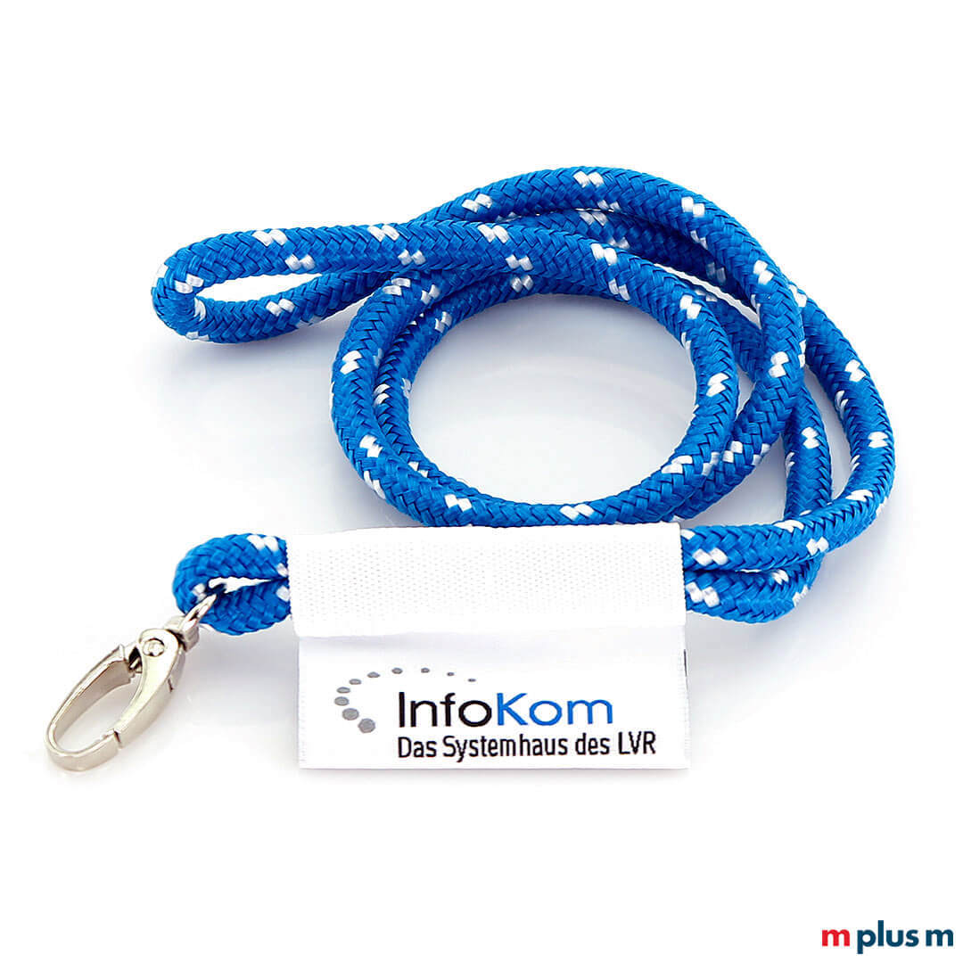 Paracord FLAG Lanyard InfoKom Paracord Kordel Lanyard in Blau mit gewebtem Logo Etikett als Werbeartikel
