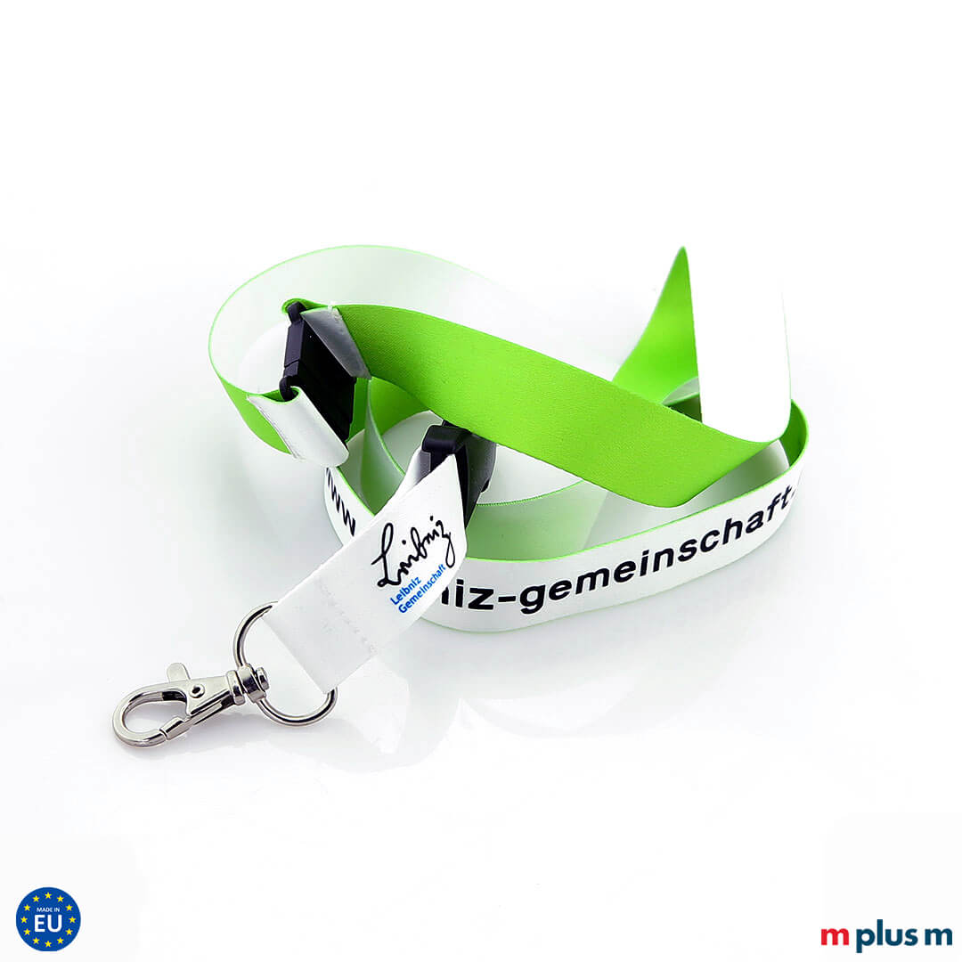 Eco Soft Lanyard Giveaway in Grün und Weiss mit Logo bedrucken Zweiseitig und zweifarbig bedrucktes Eco Soft Lanyard aus Europa