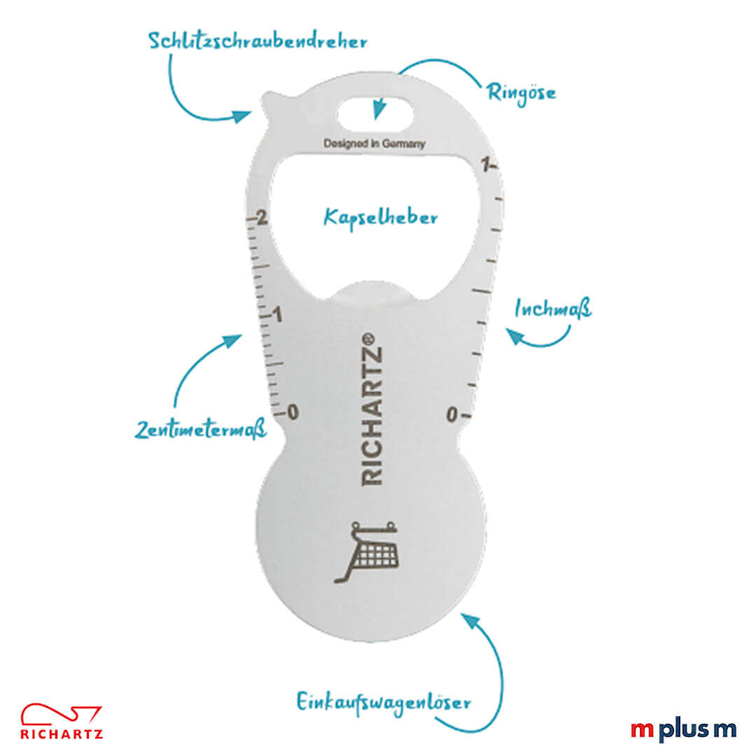 Die Funktionen beim duo Einkaufswagenlöser duo Einkaufswagenlöser aus Edelstahl mit vielen praktischen Funktionen als Werbeartikel