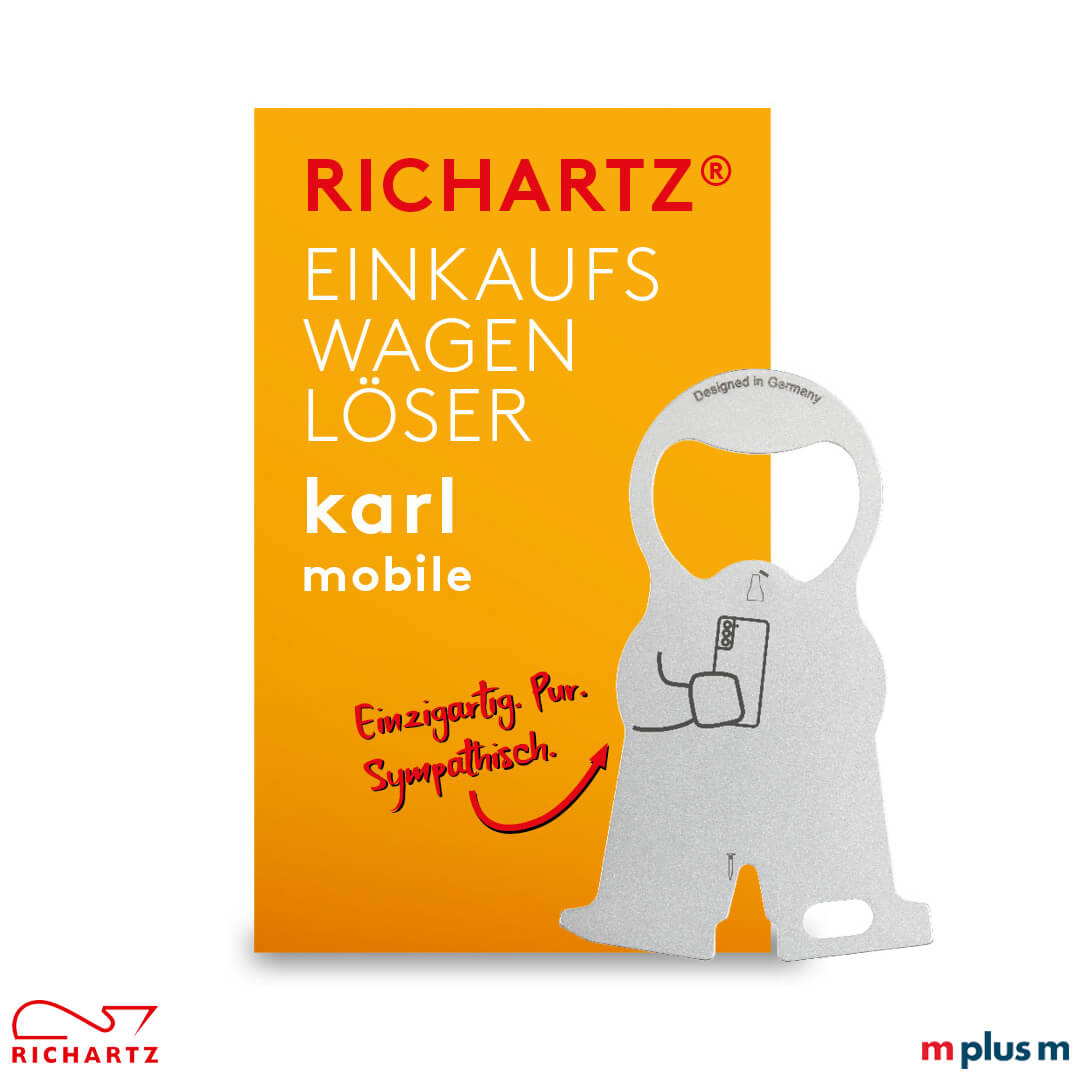 Schlüsselanhänger Karl Handy zum bedrucken mit Logo als nachhaltiges Werbegeschenk Kommt mit Klappkarte als Einzelpackung: Der günstige Einkaufswagenlöser karl mobile von Richartz aus Edelstahl