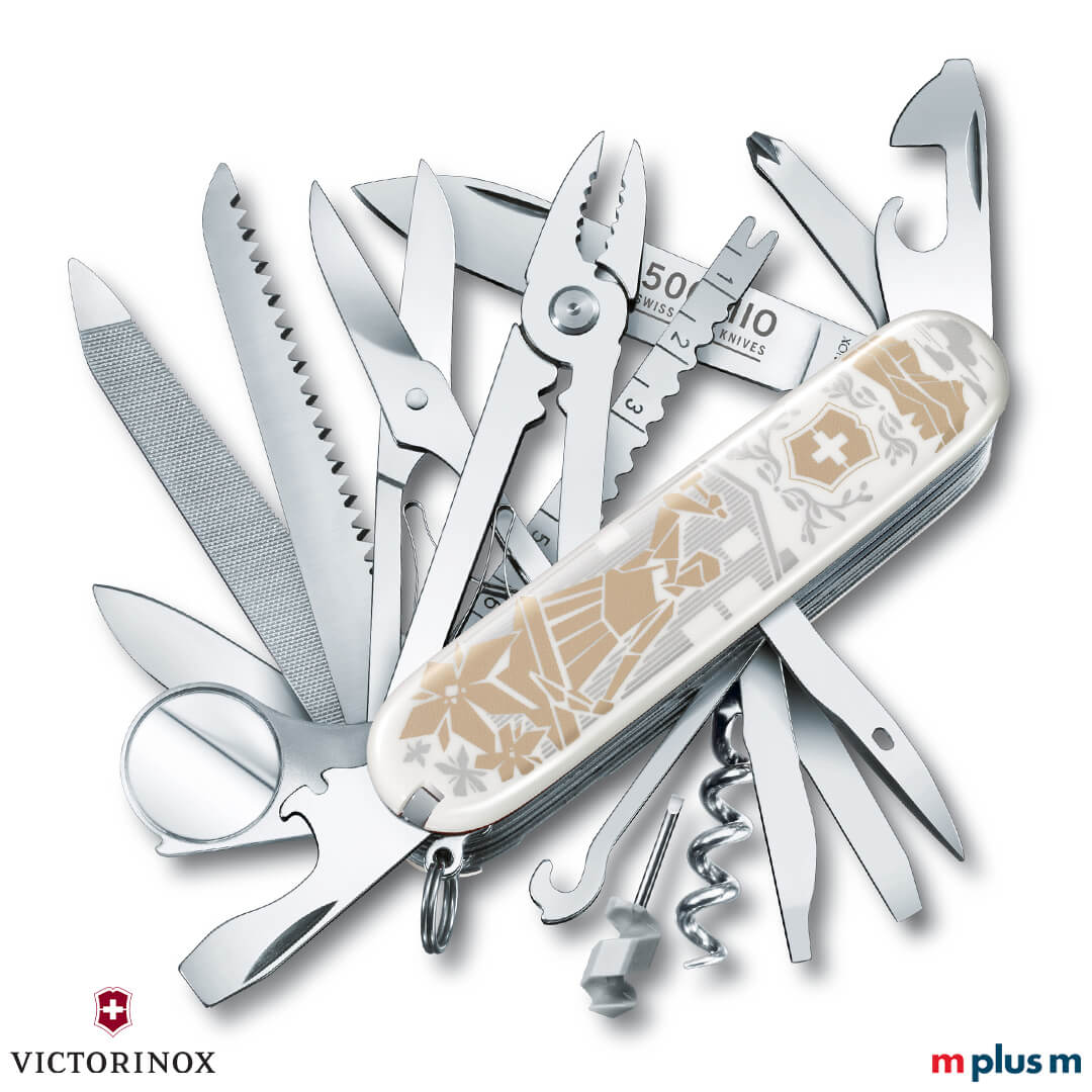Swiss Champ Taschenmesser als Werbeartikel mit weißen Schalen und Digitaldruck und Klingen Ätzung Swiss Champ Taschenmesser als Werbeartikel mit weißen Schalen und Digitaldruck und Klingen Ätzung