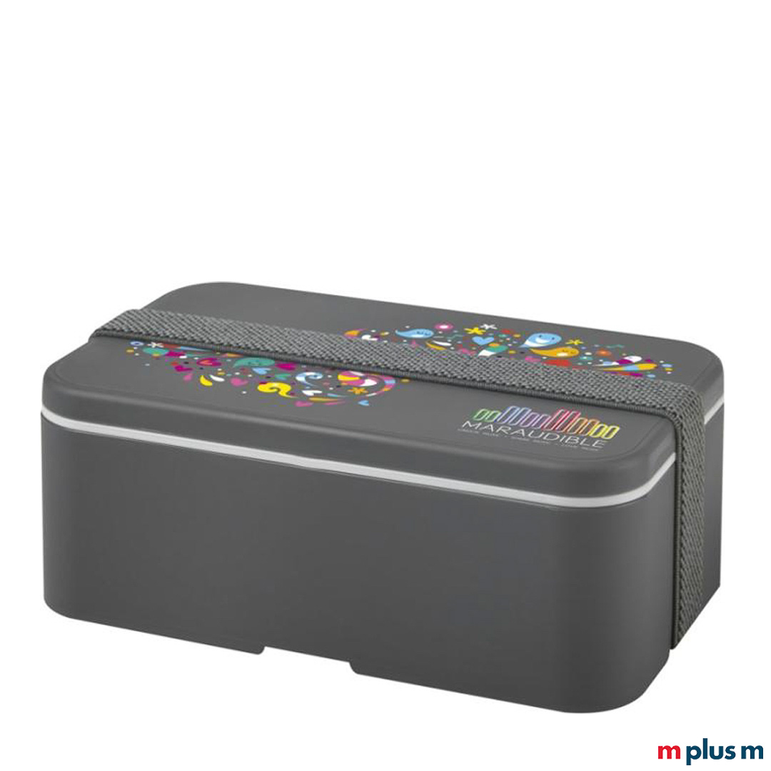 Die nachhaltige Lunchbox 'Miyo' in der Farbkombination: Box Grau und Recycling-Band Grau als Werbeartikel bedrucken
