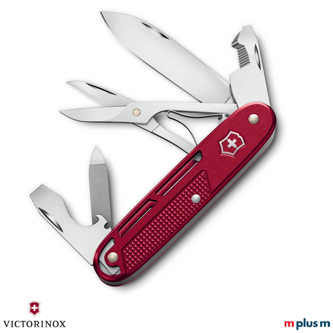 Rotes Synergy X Alox Taschenmesser geöffnet mit mehreren Funktionen und widerstandsfähigen Alox-Schalen