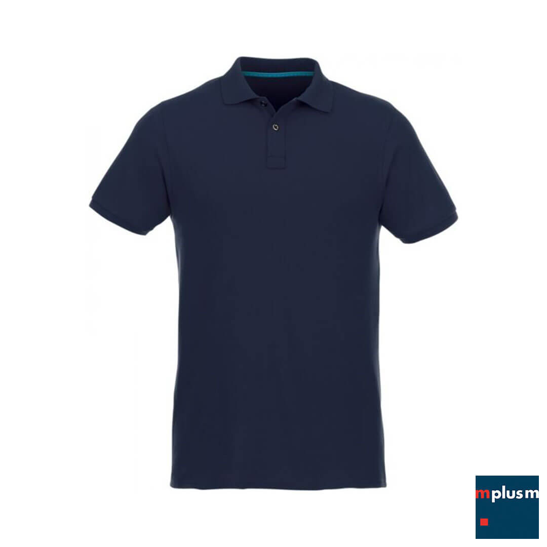 Dunkelblaues-Polohemd-fur-Herren-mit-eigenem-Logo-bedrucken-als-Werbegeschenk-RE Nachhaltiges Polohemd aus Bio Baumwolle und mit Beimischung aus Recycling Material. Blaues Teamshirt mit Logo Druck