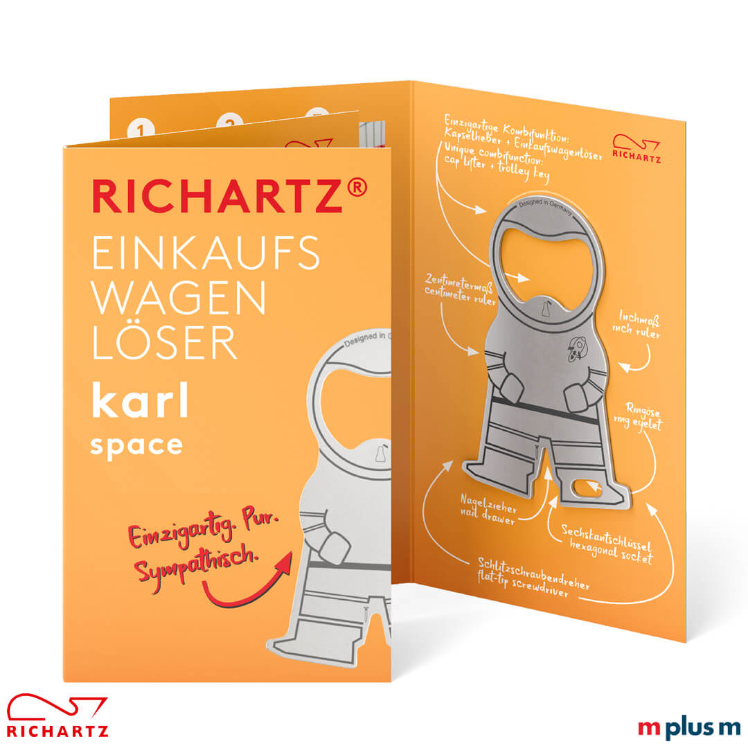 Richartz Flaschenöffner Schlüssel aus rostfreiem Edelstahl mit Firmen Logo Druck zum verschenken Die Klappkarte mit dem Standardmotiv für den Einkaufswagenlöser karl space. Ab 250 ist auch eine indivduelle Gestaltung der Einzelverpackung möglich